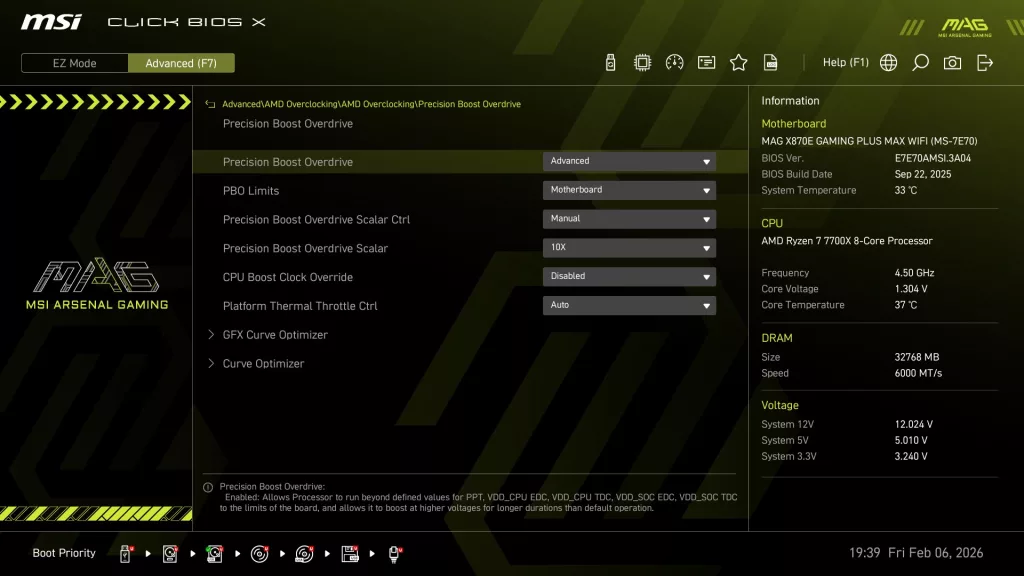 MSI MAG X870E GAMING PLUS MAX WiFi motherboard: BIOS screenshot