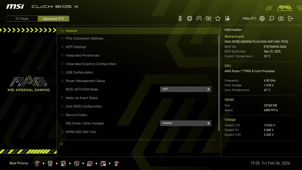 MSI MAG X870E GAMING PLUS MAX WiFi motherboard: BIOS screenshot