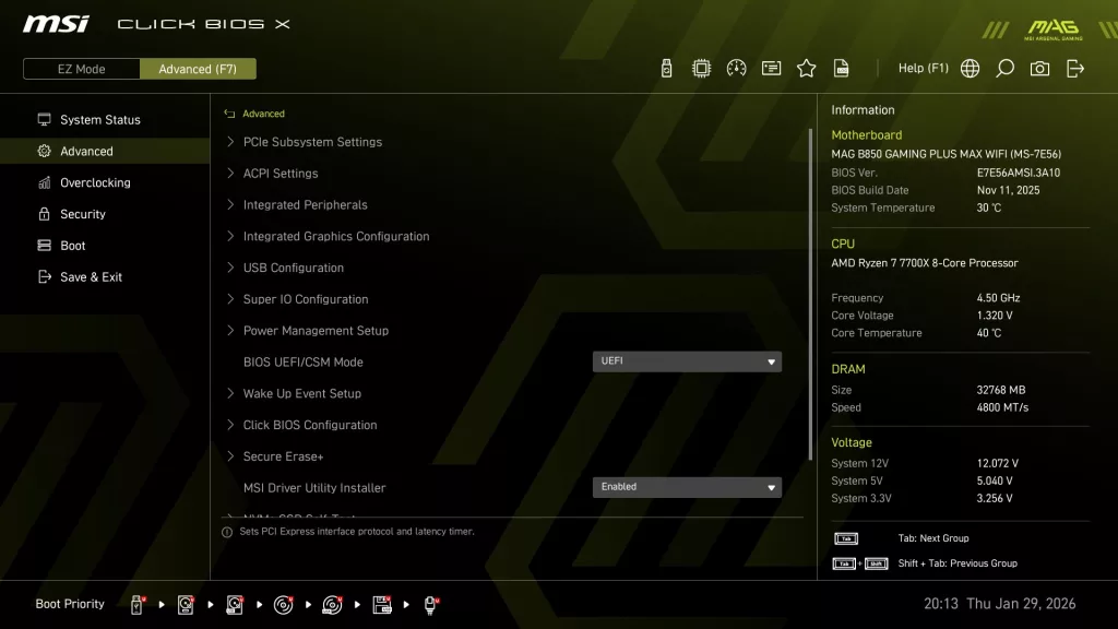 MSI MAG GAMING PLUS MAX WiFi motherboard: BIOS