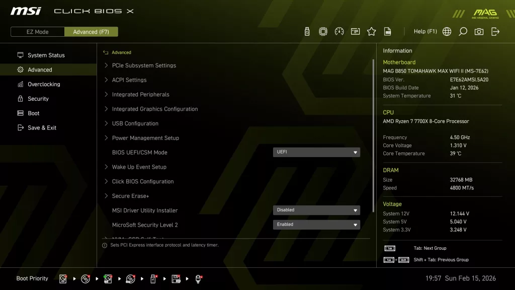 MSI MAG B850 TOMAHAWK MAX WiFi II motherboard: BIOS screen shot