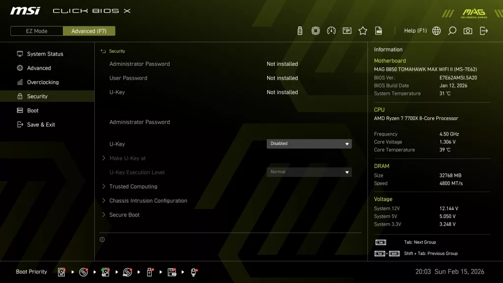 MSI MAG B850 TOMAHAWK MAX WiFi II motherboard: BIOS screen shot