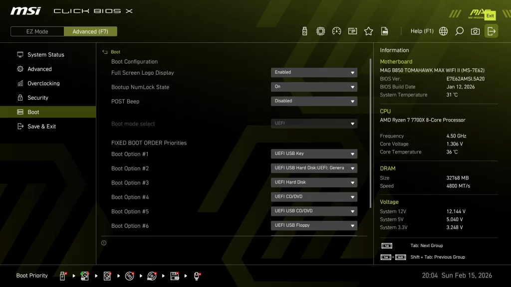 MSI MAG B850 TOMAHAWK MAX WiFi II motherboard: BIOS screen shot