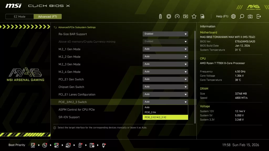 MSI MAG B850 TOMAHAWK MAX WiFi II motherboard: BIOS screen shot