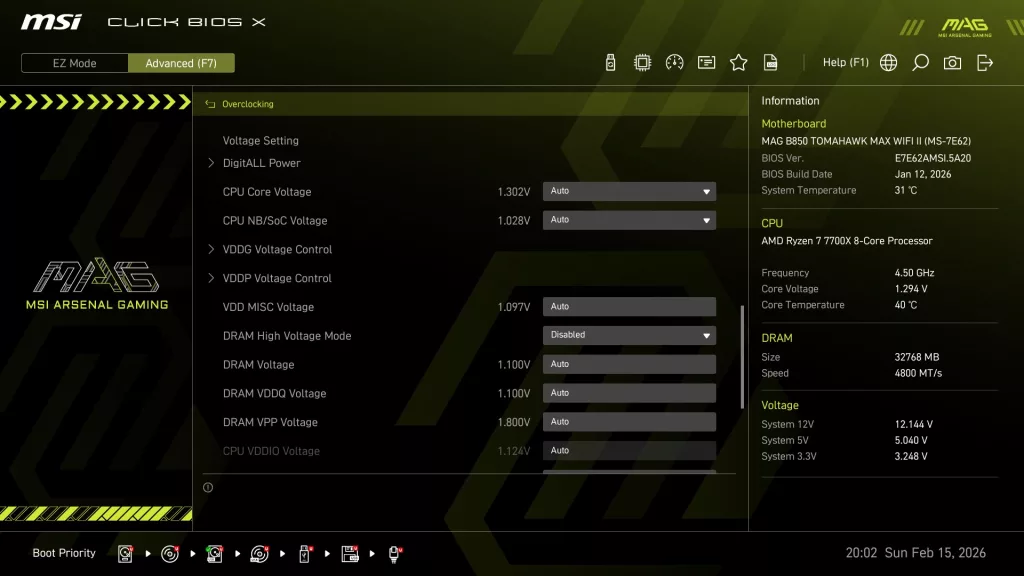 MSI MAG B850 TOMAHAWK MAX WiFi II motherboard: BIOS screen shot