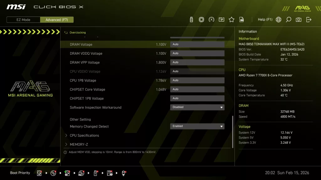 MSI MAG B850 TOMAHAWK MAX WiFi II motherboard: BIOS screen shot