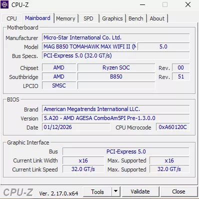 MSI MAG B850 TOMAHAWK MAX WiFi II motherboard: CPU-Z