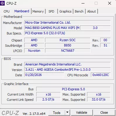MSI MAG GAMING PLUS MAX WiFi motherboard: cpuz