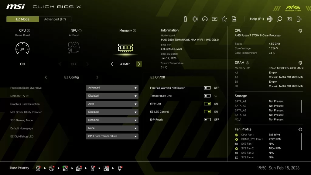 MSI MAG B850 TOMAHAWK MAX WiFi II motherboard: BIOS screen shot