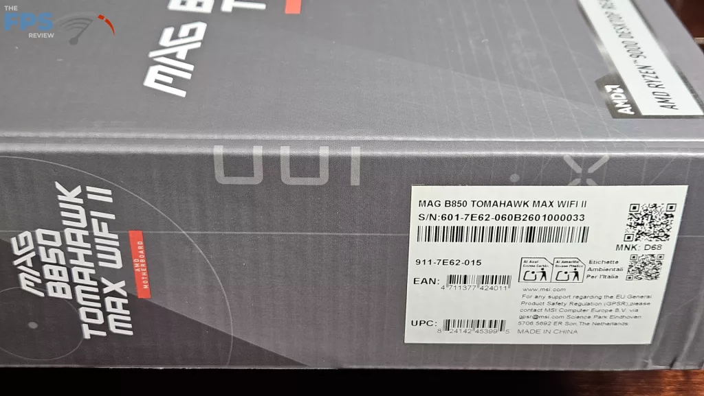 MSI MAG B850 TOMAHAWK MAX WiFi II motherboard: box label