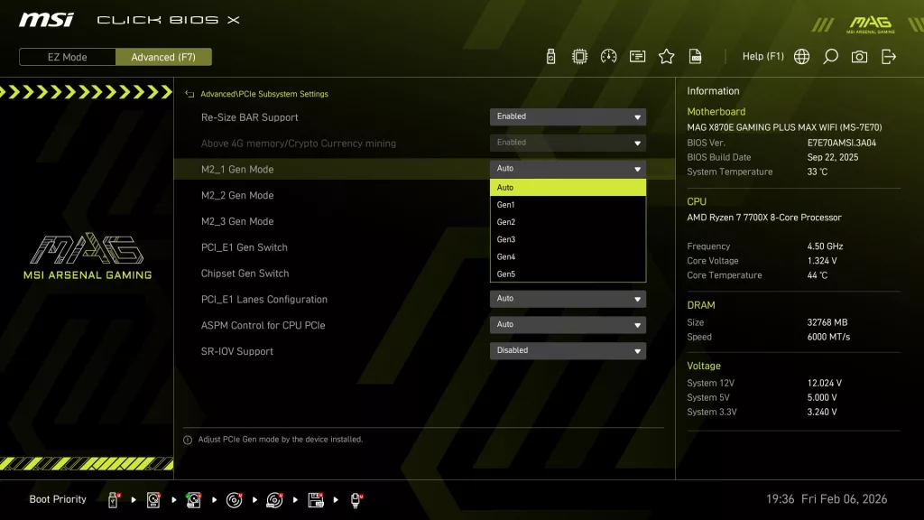 MSI MAG X870E GAMING PLUS MAX WiFi motherboard: BIOS screenshot