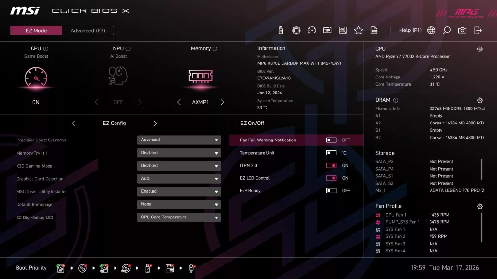 MSI MPG X870E CARBON MAX WiFi motherboard: BIOS screenshot