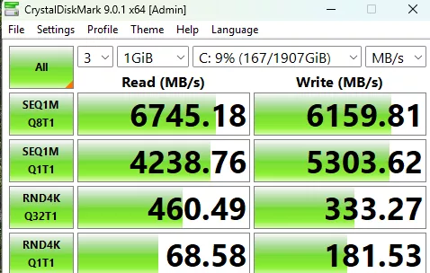 GIGABYTE X870E AERO X3D WOOD motherboard: performance:CrystalDisk9