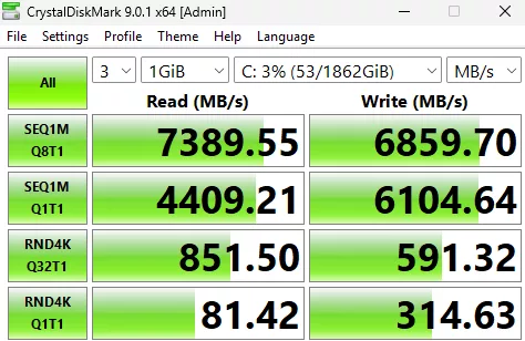 MSI MPG X870E CARBON MAX WiFi motherboard: performance benchmark: CrystalDisk