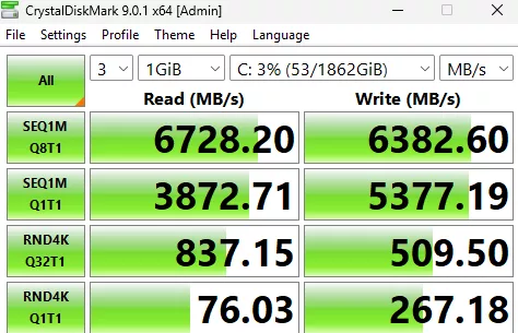 MSI MPG X870E CARBON MAX WiFi motherboard: performance benchmark: CrystalDisk