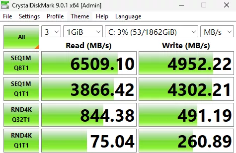 MSI MPG X870E CARBON MAX WiFi motherboard: performance benchmark: CrystalDisk