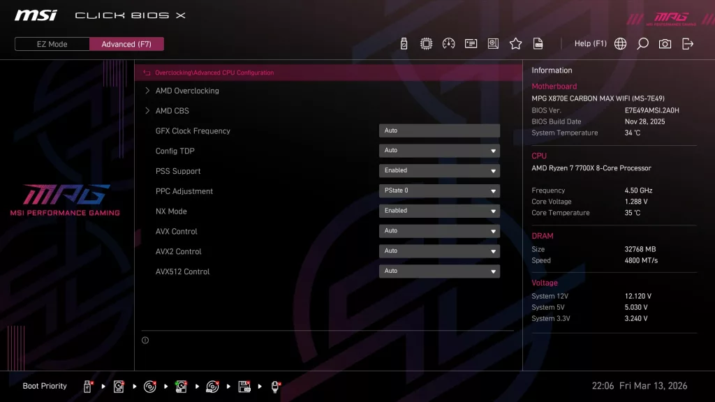 MSI MPG X870E CARBON MAX WiFi motherboard: BIOS screenshot