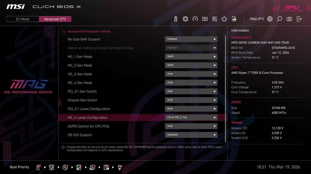 MSI MPG X870E CARBON MAX WiFi motherboard: BIOS screenshot