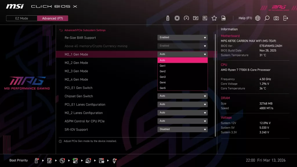 MSI MPG X870E CARBON MAX WiFi motherboard: BIOS screenshot