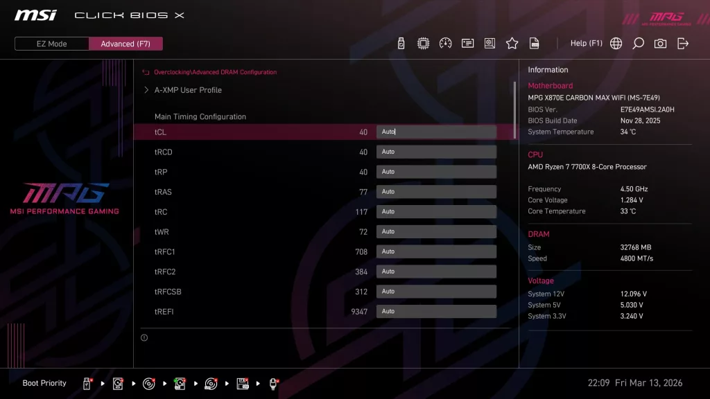 MSI MPG X870E CARBON MAX WiFi motherboard: BIOS screenshot