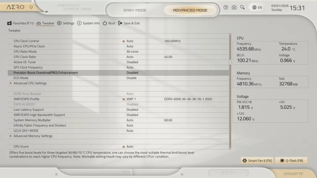 GIGABYTE X870E AERO X3D WOOD motherboard: BIOS screenshot
