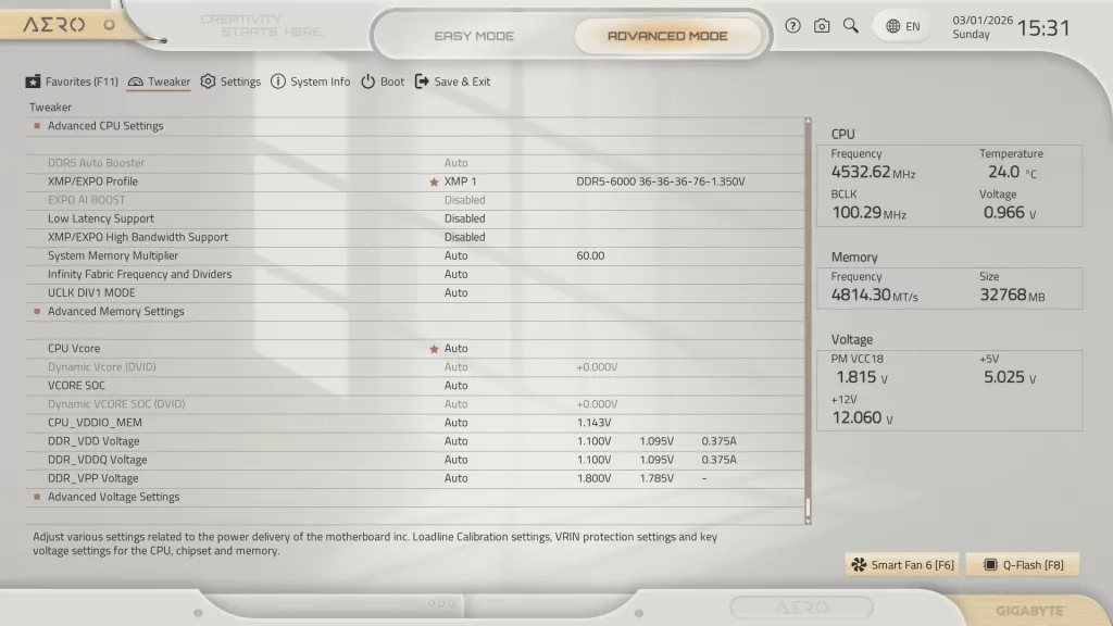 GIGABYTE X870E AERO X3D WOOD motherboard: BIOS screenshot