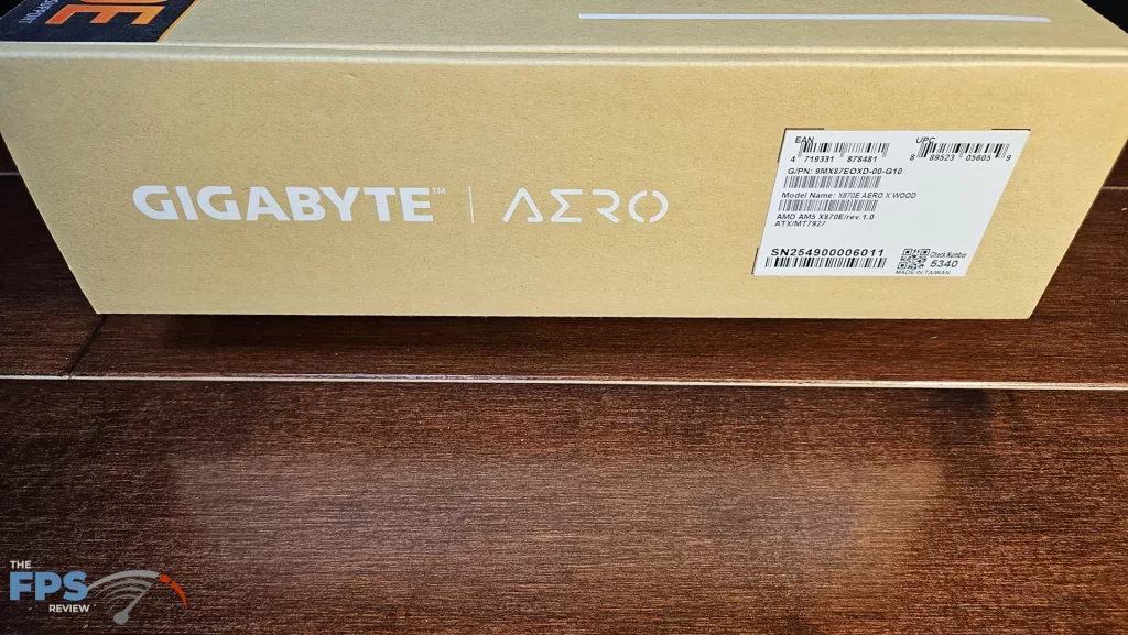 GIGABYTE X870E AERO X3D WOOD motherboard: box label