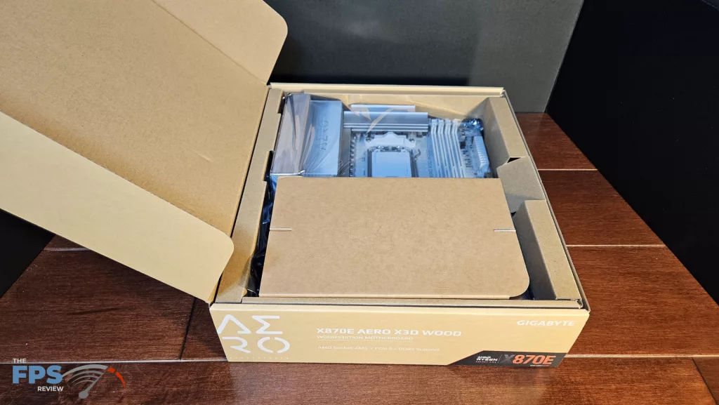 GIGABYTE X870E AERO X3D WOOD motherboard: opened box