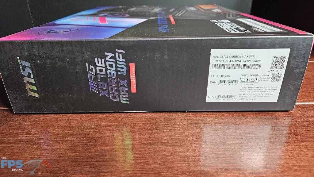 MSI MPG X870E CARBON MAX WiFi motherboard: box label