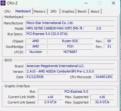 MSI MPG X870E CARBON MAX WiFi motherboard: cpuz