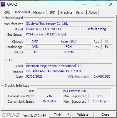 GIGABYTE X870E AERO X3D WOOD motherboard: CPUZ