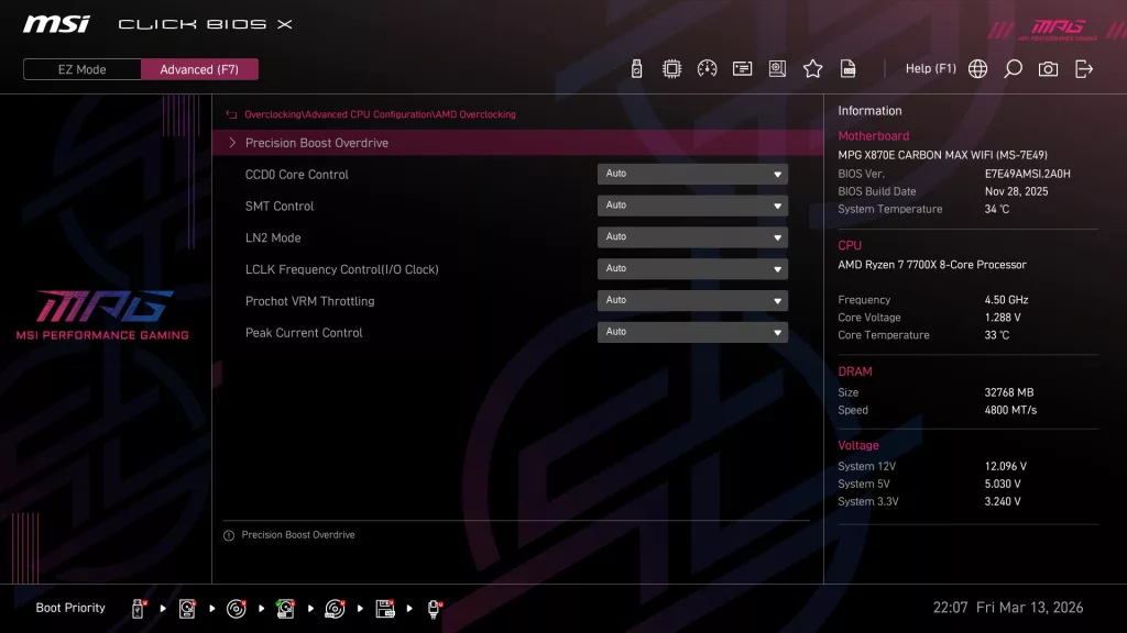 MSI MPG X870E CARBON MAX WiFi motherboard: BIOS screenshot