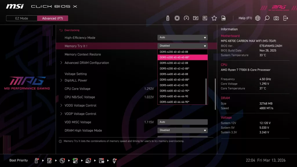 MSI MPG X870E CARBON MAX WiFi motherboard: BIOS screenshot