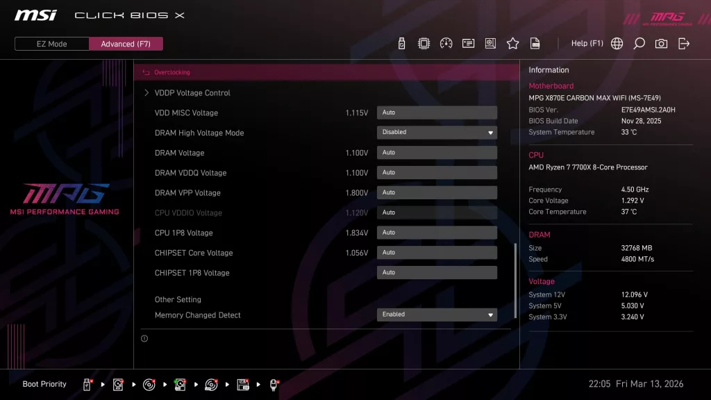 MSI MPG X870E CARBON MAX WiFi motherboard: BIOS screenshot