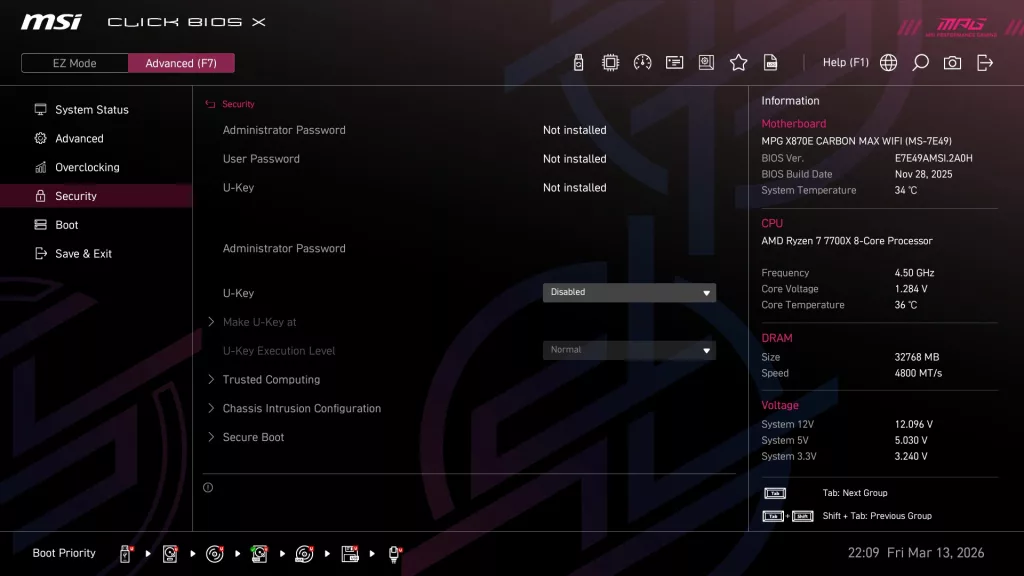 MSI MPG X870E CARBON MAX WiFi motherboard: BIOS screenshot