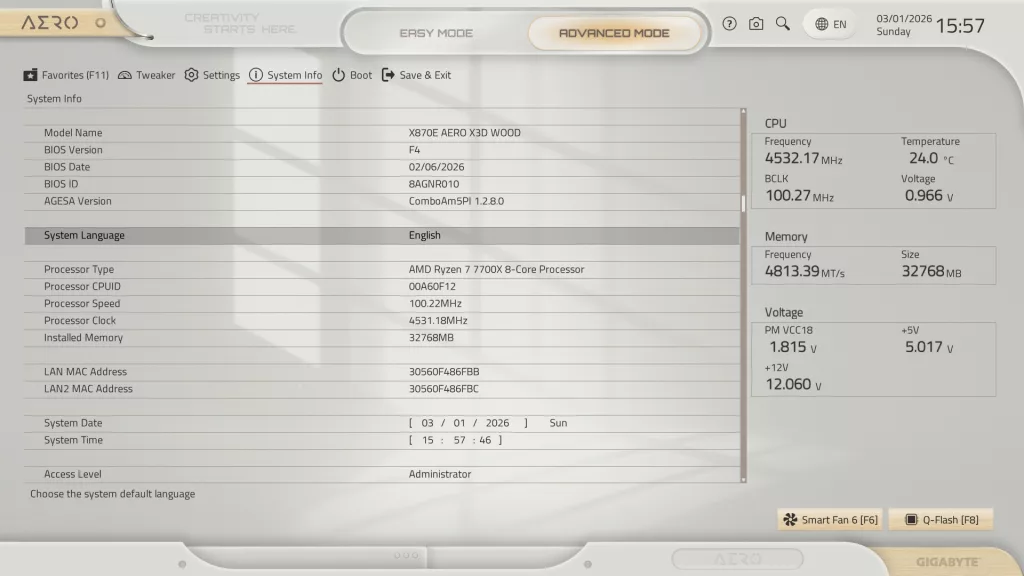 GIGABYTE X870E AERO X3D WOOD motherboard: BIOS screenshot