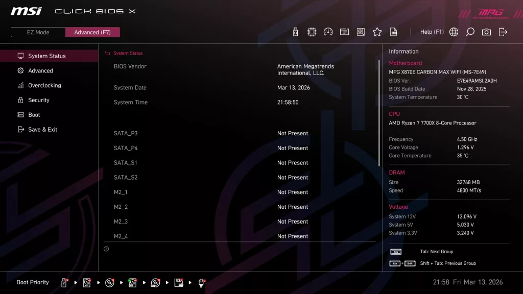 MSI MPG X870E CARBON MAX WiFi motherboard: BIOS screenshot