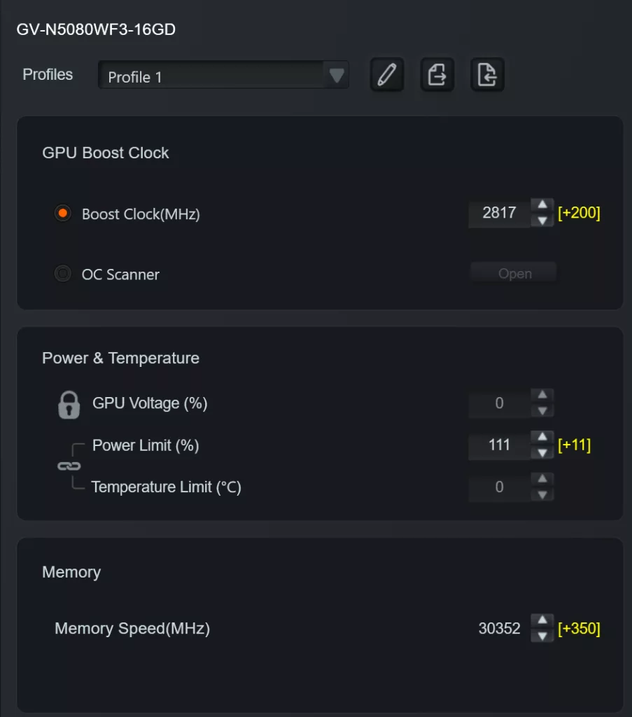 GIGABYTE GeForce RTX 5080 WINDFORRCE SFF 16G video card: GCC readings overclocked