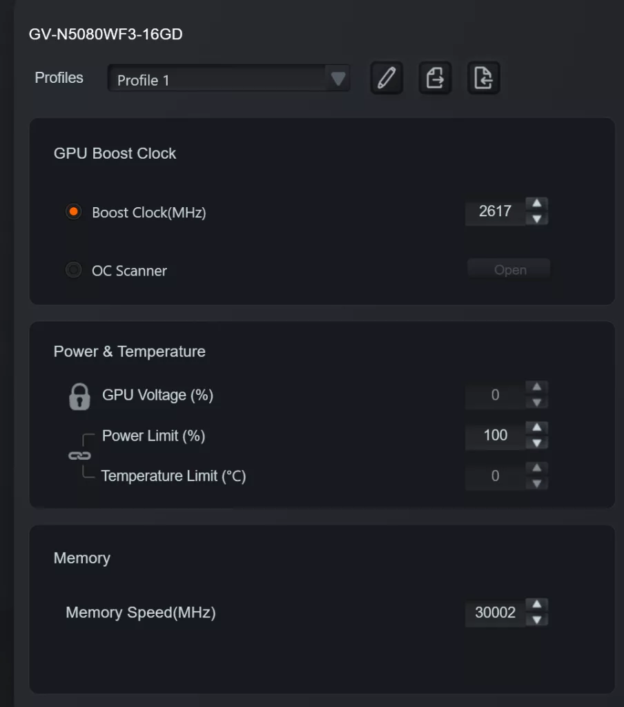 GIGABYTE GeForce RTX 5080 WINDFORRCE SFF 16G video card: GCC readings default