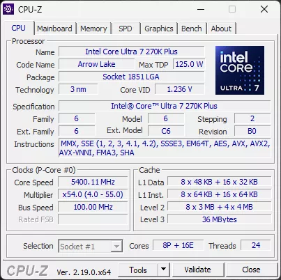 Intel Core Ultra 7 270K Plus CPU-Z Screenshot