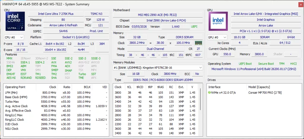 Intel Core Ultra 7 270K Plus HWiNFO64 Screenshot