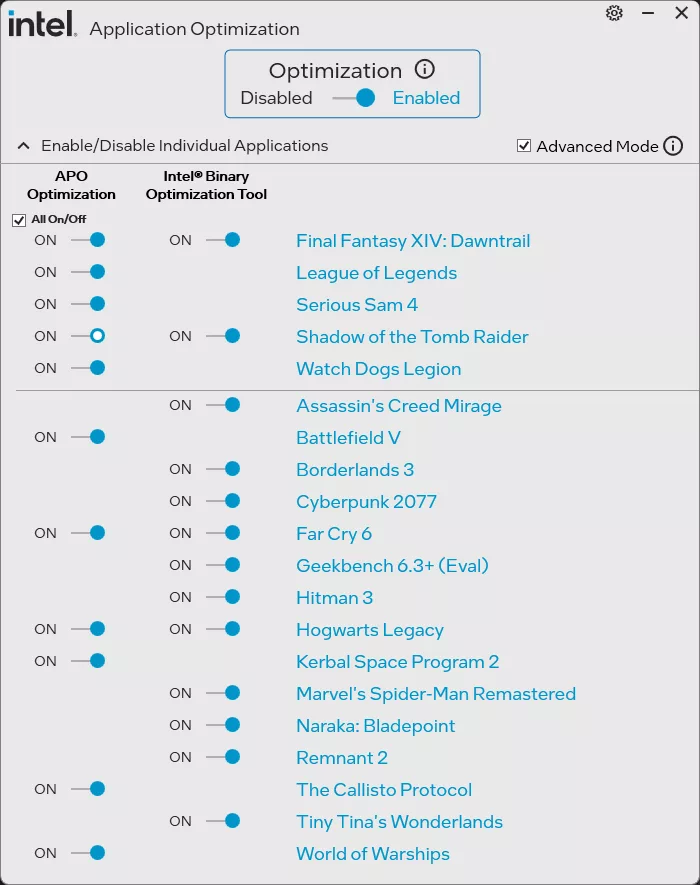 Intel Core Ultra 5 250K Plus Intel Application Optimization Tool Screenshot