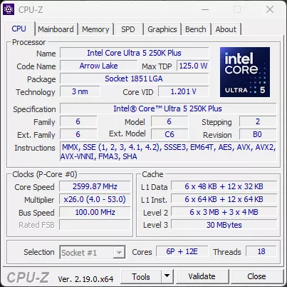 Intel Core Ultra 5 250K Plus CPU-Z Screenshot
