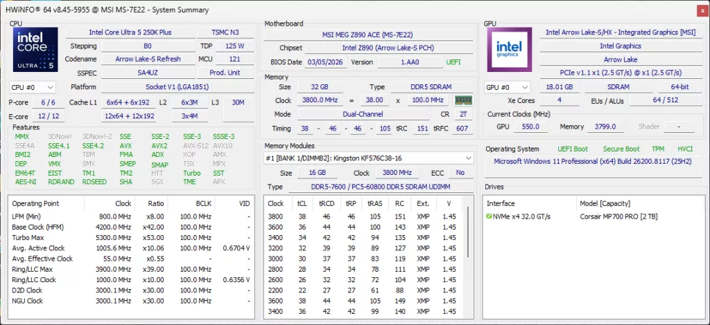 Intel Core Ultra 5 250K Plus HWiNFO64 Screenshot