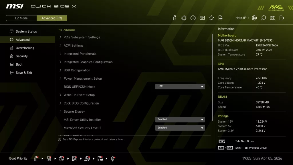 MSI MAG B850 MORTAR MAX WiFi motherboard: BIOS Screen