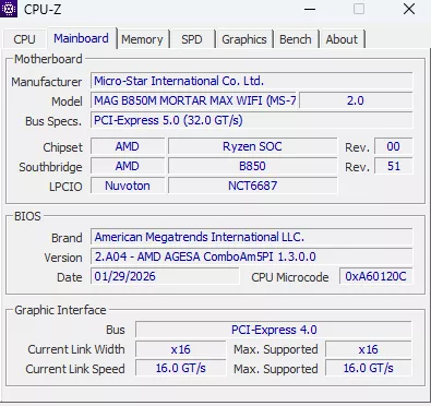 MSI MAG B850 MORTAR MAX WiFi motherboard: cpuz