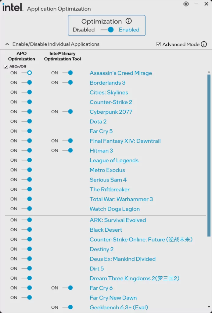 Intel Core Ultra 7 270K Plus Intel Application Optimization Tool Screenshot