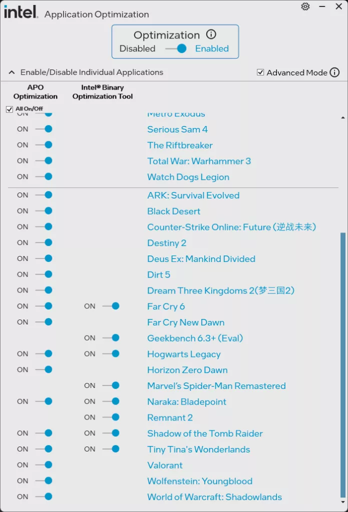 Intel Core Ultra 7 270K Plus Intel Application Optimization Tool Screenshot