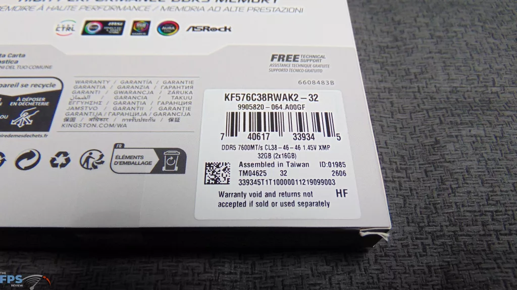 Kingston Fury Renegade 7600MT/s (32GB|2x16GB) DDR5 RAM kit (KF576C38RWAK2-32) Box Label