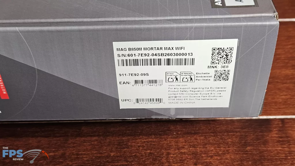 MSI MAG B850 MORTAR MAX WiFi motherboard: label