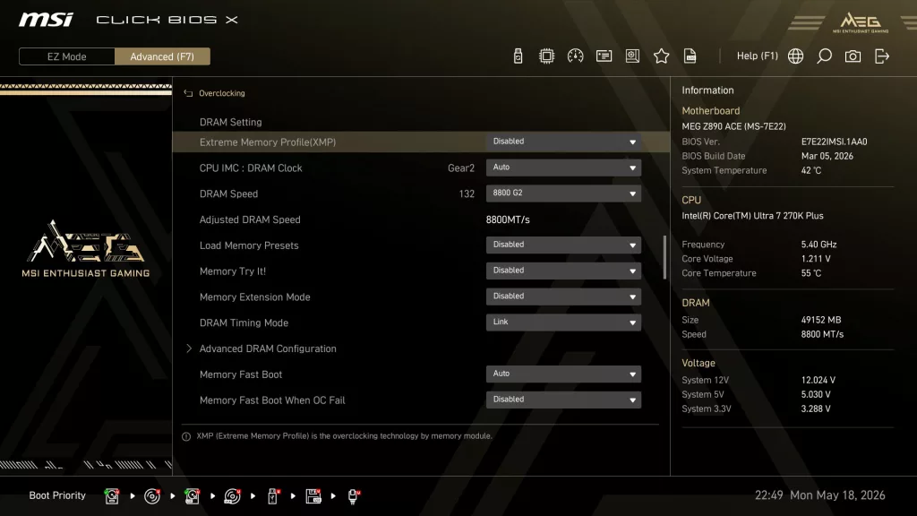 G.SKILL Trident Z5 CK RGB DDR5 8400MT/s 48GB CU-DIMM BIOS Overclocking Screenshot